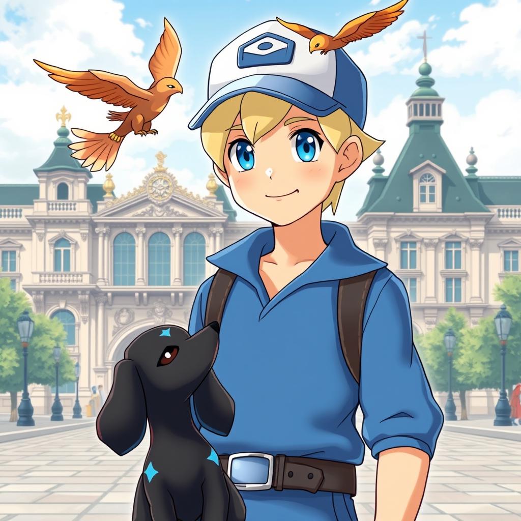 A classic styled blonde boy with bright blue eyes, portrayed as a Pokémon trainer dressed in a blue outfit and wearing a stylish cap