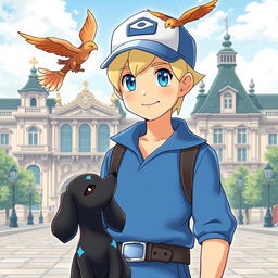 A classic styled blonde boy with bright blue eyes, portrayed as a Pokémon trainer dressed in a blue outfit and wearing a stylish cap