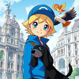 A classic styled blonde boy with bright blue eyes, portrayed as a Pokémon trainer dressed in a blue outfit and wearing a stylish cap