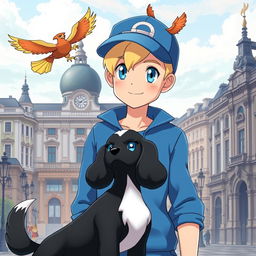 A classic styled blonde boy with bright blue eyes, portrayed as a Pokémon trainer dressed in a blue outfit and wearing a stylish cap