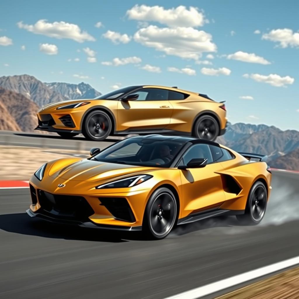 A visually striking image that creatively merges the Corvette C8 and Ford Mach-E into a unique 4-door crossover utility vehicle (CUV), elegantly finished in a matte gold