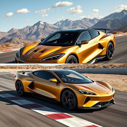 A visually striking image that creatively merges the Corvette C8 and Ford Mach-E into a unique 4-door crossover utility vehicle (CUV), elegantly finished in a matte gold