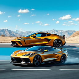 A visually striking image that creatively merges the Corvette C8 and Ford Mach-E into a unique 4-door crossover utility vehicle (CUV), elegantly finished in a matte gold