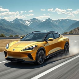 A visually striking image that creatively merges the Corvette C8 and Ford Mach-E into a unique 4-door crossover utility vehicle (CUV), elegantly finished in a matte gold