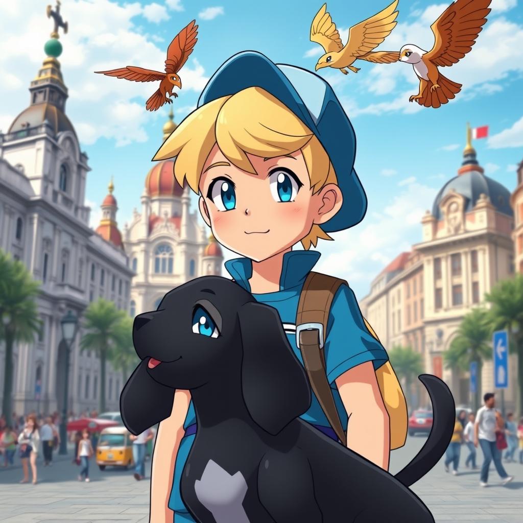 A classic styled blonde boy with bright blue eyes, depicted as a Pokémon trainer in a blue outfit and a stylish cap