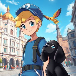 A classic styled blonde boy with bright blue eyes, depicted as a Pokémon trainer in a blue outfit and a stylish cap