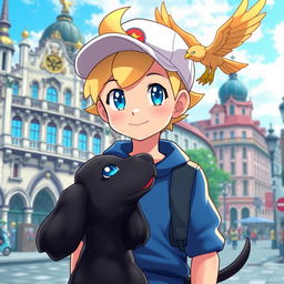 A classic styled blonde boy with bright blue eyes, depicted as a Pokémon trainer in a blue outfit and a stylish cap