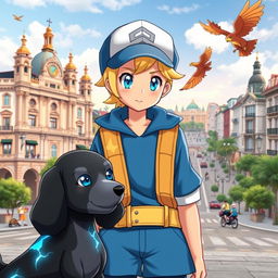 A classic styled blonde boy with bright blue eyes, depicted as a Pokémon trainer in a blue outfit and a stylish cap