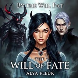 An aesthetic cover for a fantasy book titled "By the Will of Fate", authored by "Alya Fleur"