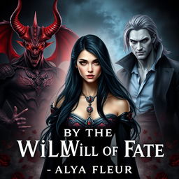 An aesthetic cover for a fantasy book titled "By the Will of Fate", authored by "Alya Fleur"