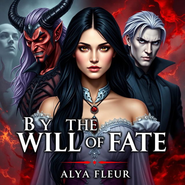 An aesthetic cover for a fantasy book titled "By the Will of Fate", authored by "Alya Fleur"