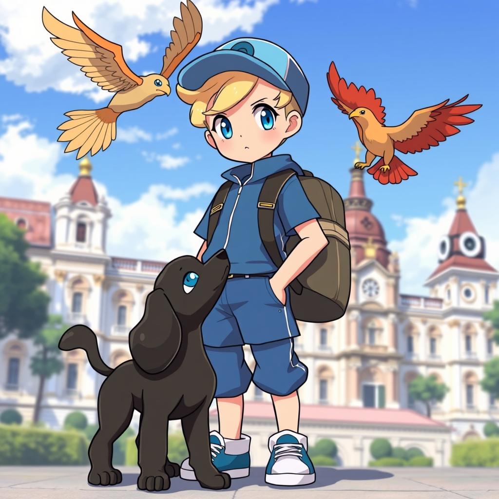 A classic styled blonde boy with bright blue eyes, depicted as a Pokémon trainer dressed in a blue outfit and wearing a stylish cap