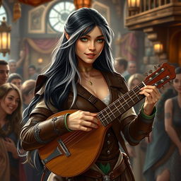 A young but mature-looking half-elf bard with long black hair streaked with white, soft green eyes, and a gentle smile