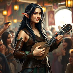 A young but mature-looking half-elf bard with long black hair streaked with white, soft green eyes, and a gentle smile