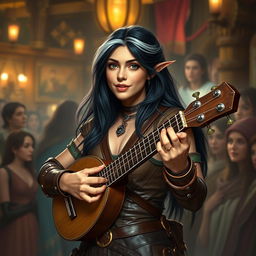 A young but mature-looking half-elf bard with long black hair streaked with white, soft green eyes, and a gentle smile