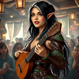 A young but mature-looking half-elf bard with long black hair streaked with white, soft green eyes, and a gentle smile