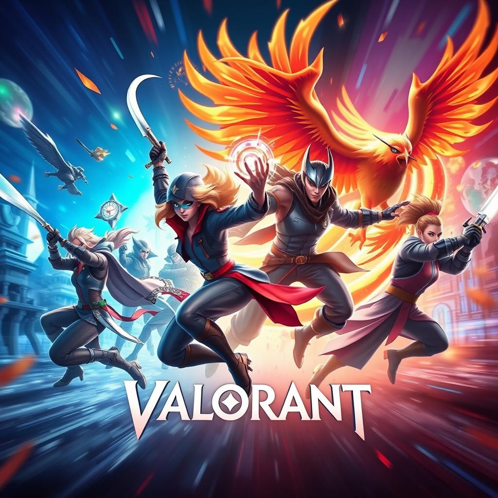 An exciting and dynamic Valorant montage scene featuring various playable agents from the game in dramatic action poses