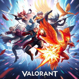 An exciting and dynamic Valorant montage scene featuring various playable agents from the game in dramatic action poses