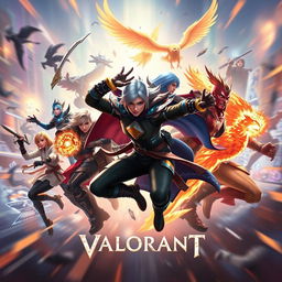 An exciting and dynamic Valorant montage scene featuring various playable agents from the game in dramatic action poses