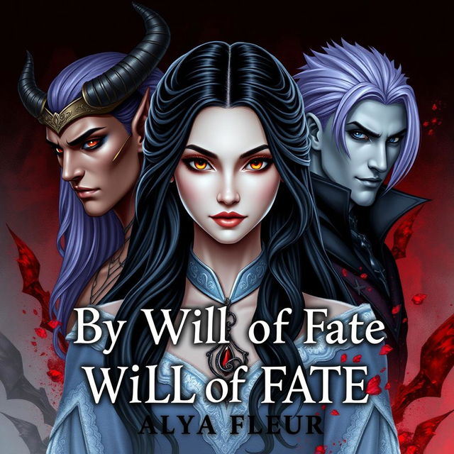 An aesthetic cover for a fantasy book titled "By the Will of Fate", authored by "Alya Fleur"