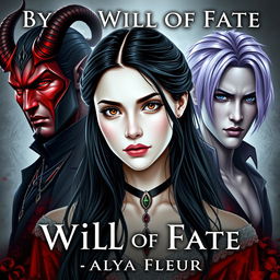 An aesthetic cover for a fantasy book titled "By the Will of Fate", authored by "Alya Fleur"