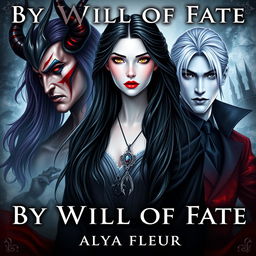 An aesthetic cover for a fantasy book titled "By the Will of Fate", authored by "Alya Fleur"