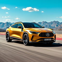 An imaginative image that combines the sleek elegance of the Corvette C8 and the robust design of the Mercedes GLE into a unique 4-door crossover utility vehicle (CUV) finished in a striking matte gold