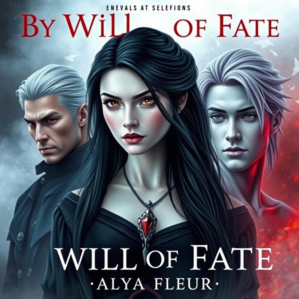 An aesthetic cover for a fantasy book titled "By the Will of Fate", authored by "Alya Fleur"