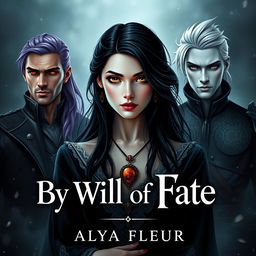 An aesthetic cover for a fantasy book titled "By the Will of Fate", authored by "Alya Fleur"