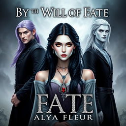 An aesthetic cover for a fantasy book titled "By the Will of Fate", authored by "Alya Fleur"