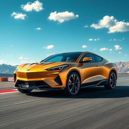 An imaginative image that fuses the sleek and performance-oriented design of the Corvette C8 with the sophisticated electric styling of the Cadillac Lyriq to create a unique 4-door crossover utility vehicle (CUV) in a stunning matte gold finish