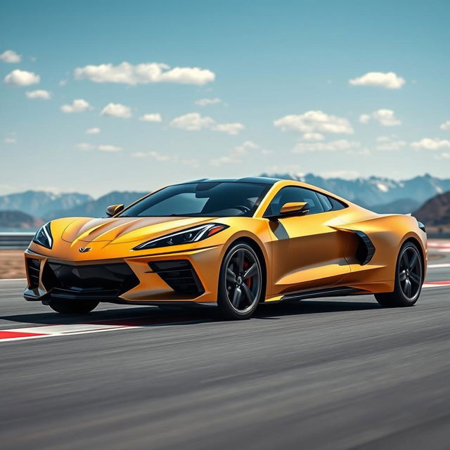 An imaginative image that fuses the sleek and performance-oriented design of the Corvette C8 with the sophisticated electric styling of the Cadillac Lyriq to create a unique 4-door crossover utility vehicle (CUV) in a stunning matte gold finish