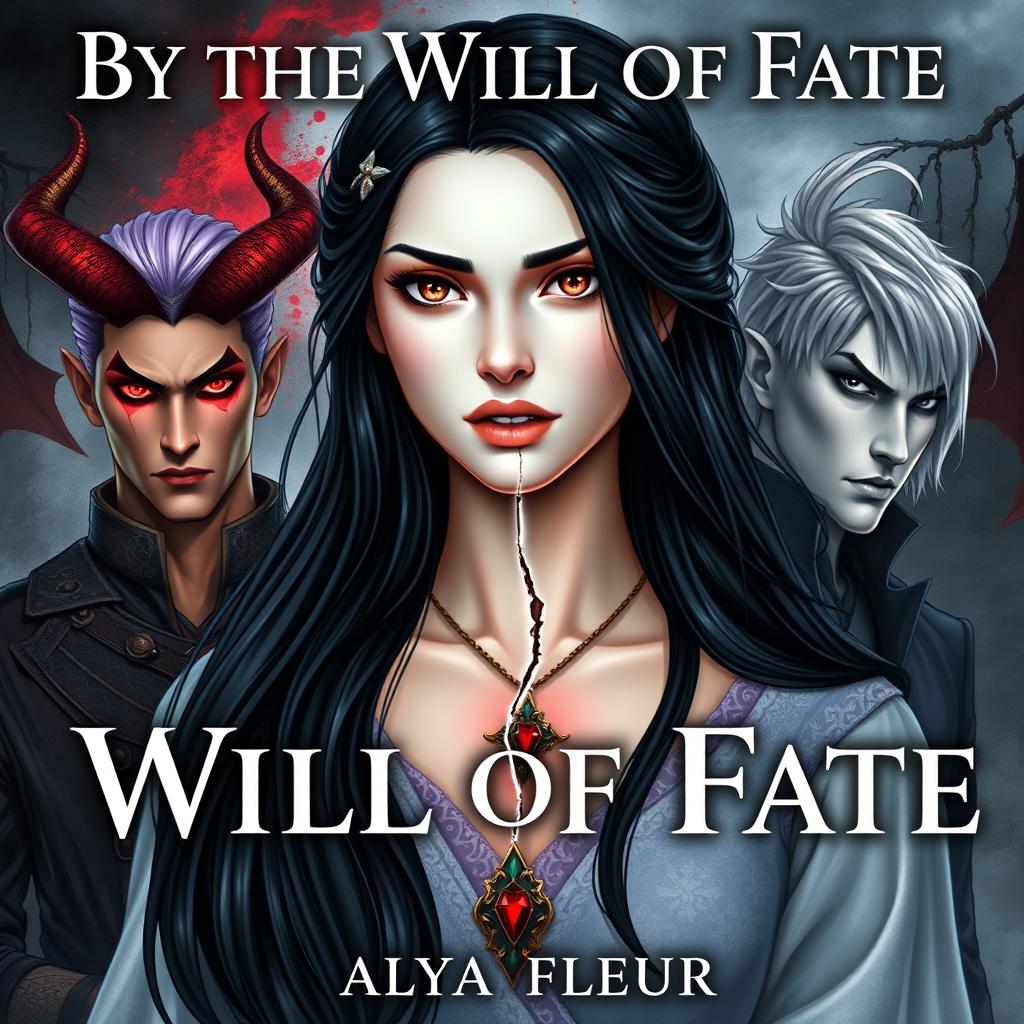 An aesthetic cover for a fantasy book titled "By the Will of Fate", authored by "Alya Fleur"