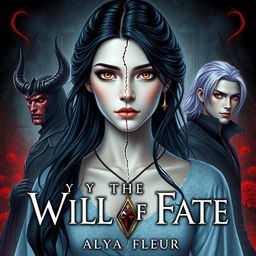 An aesthetic cover for a fantasy book titled "By the Will of Fate", authored by "Alya Fleur"