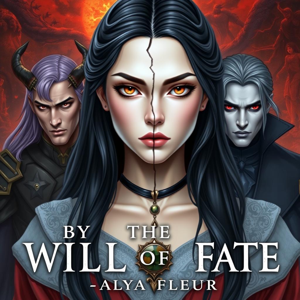 An aesthetic cover for a fantasy book titled "By the Will of Fate", authored by "Alya Fleur"