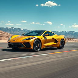 An imaginative composition merging the sleek design of the Corvette C8 with the sophisticated electric aesthetics of the Cadillac Lyriq to create an eye-catching 4-door crossover utility vehicle (CUV) in a bold matte gold finish