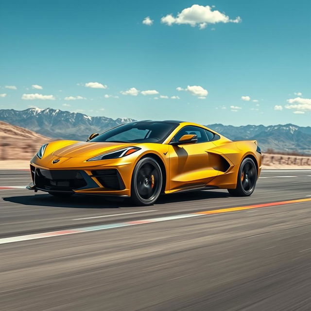 An imaginative composition merging the sleek design of the Corvette C8 with the sophisticated electric aesthetics of the Cadillac Lyriq to create an eye-catching 4-door crossover utility vehicle (CUV) in a bold matte gold finish