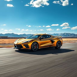 An imaginative composition merging the sleek design of the Corvette C8 with the sophisticated electric aesthetics of the Cadillac Lyriq to create an eye-catching 4-door crossover utility vehicle (CUV) in a bold matte gold finish