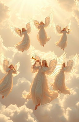 A serene and ethereal scene depicting a group of majestic angels soaring through a heavenly sky