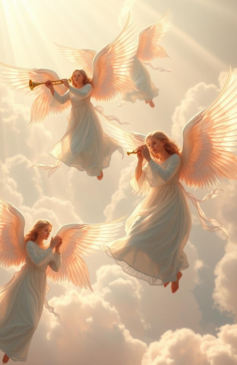 A serene and ethereal scene depicting a group of majestic angels soaring through a heavenly sky