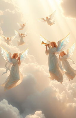 A serene and ethereal scene depicting a group of majestic angels soaring through a heavenly sky