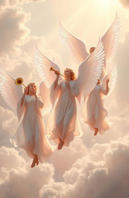 A serene and ethereal scene depicting a group of majestic angels soaring through a heavenly sky