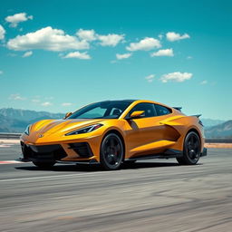 A captivating image that creatively merges the aggressive and sporty design of the Corvette C8 with the modern luxury features of the Genesis GV60 to create a stunning 4-door crossover utility vehicle (CUV) in a striking matte gold finish