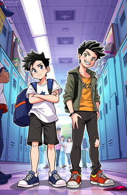 A dynamic and engaging illustration depicting two contrasting characters: "Si Jomblo Cuek", a laid-back, unbothered student wearing casual clothes, with a hint of disinterest and a cool demeanor, and "Si Badboy Ganteng", a handsome, rebellious boy with stylish clothing and an alluring grin