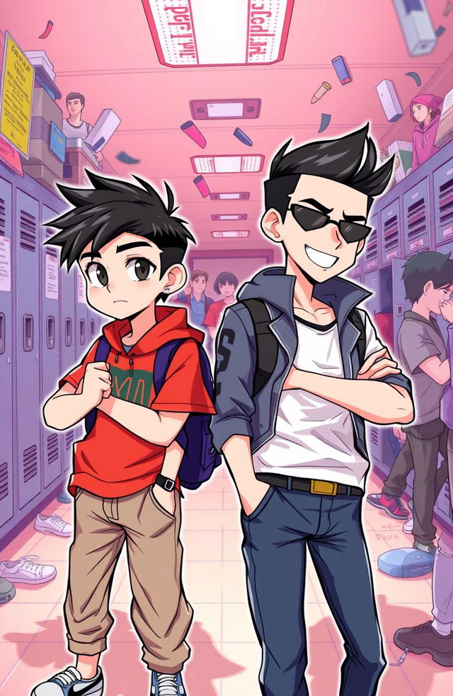 A dynamic and engaging illustration depicting two contrasting characters: "Si Jomblo Cuek", a laid-back, unbothered student wearing casual clothes, with a hint of disinterest and a cool demeanor, and "Si Badboy Ganteng", a handsome, rebellious boy with stylish clothing and an alluring grin