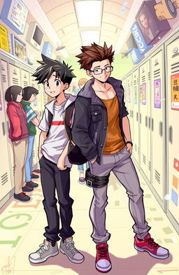 A dynamic and engaging illustration depicting two contrasting characters: "Si Jomblo Cuek", a laid-back, unbothered student wearing casual clothes, with a hint of disinterest and a cool demeanor, and "Si Badboy Ganteng", a handsome, rebellious boy with stylish clothing and an alluring grin