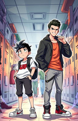 A dynamic and engaging illustration depicting two contrasting characters: "Si Jomblo Cuek", a laid-back, unbothered student wearing casual clothes, with a hint of disinterest and a cool demeanor, and "Si Badboy Ganteng", a handsome, rebellious boy with stylish clothing and an alluring grin