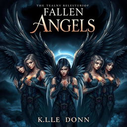 A captivating book cover illustration featuring a group of fallen angels, showcasing their striking and darkly beautiful looks