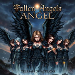 A captivating book cover illustration featuring a group of fallen angels, showcasing their striking and darkly beautiful looks