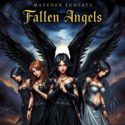 A captivating book cover illustration featuring a group of fallen angels, showcasing their striking and darkly beautiful looks